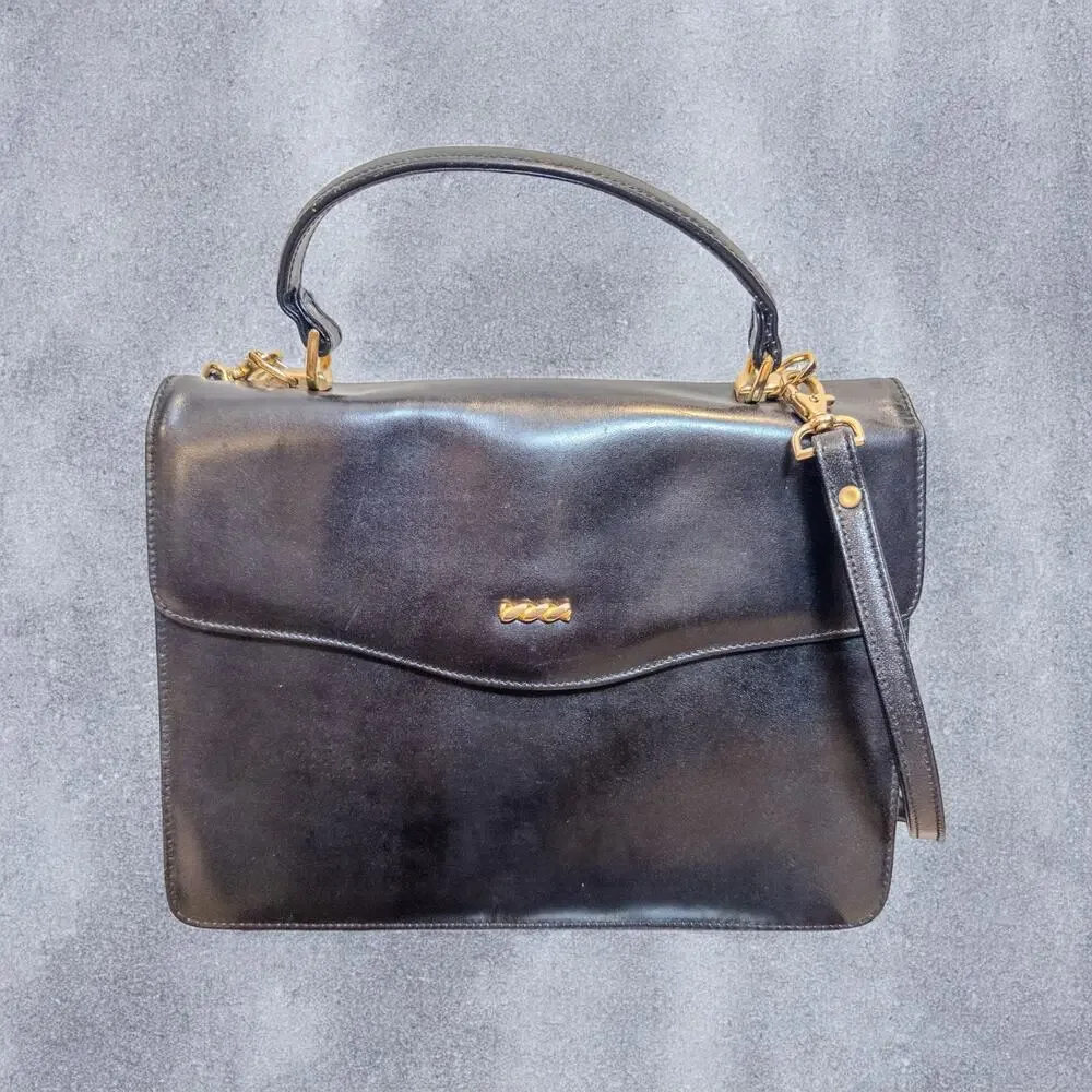 Vintage 1980s 1990s Algo Italiano Black Leather Top Handle Shoulder Bag